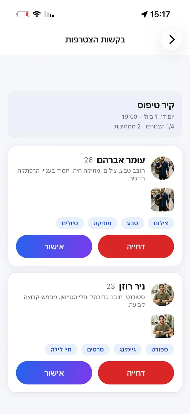 מסך בקשות ההצטרפות ב‑Social Map — המארגן רואה פרופיל אמיתי של כל מבקש ומאשר או דוחה אישית